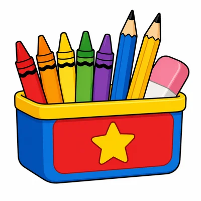 A pencil box with crayons, pencils, and an eraser.