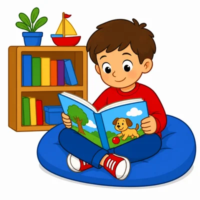 A child reading a book in a library.