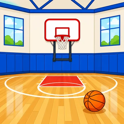 A school gym with a basketball hoop and ball.