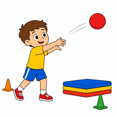 A child safely playing with a ball in the gym.
