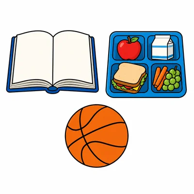 Three activity pictures: a book, a lunch tray, and a basketball.