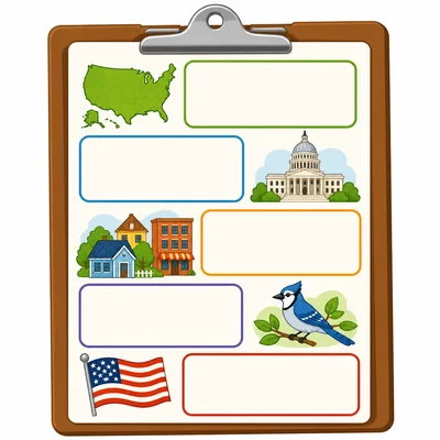 A blank fact chart with icons for a map, capitol building, town, bird, and flag.