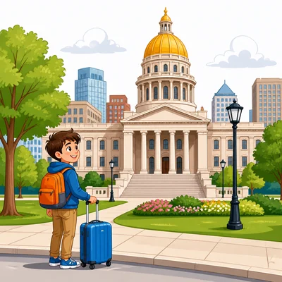 A visitor with a suitcase near a state capitol building.