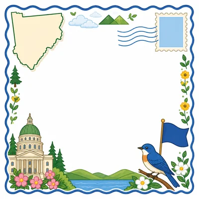 A blank state postcard template with icons of a map, capitol building, bird, and flag.