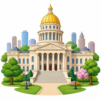 A state capitol building with a dome in a city setting.