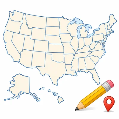 A blank United States map with state borders, a pencil, and a location pin.