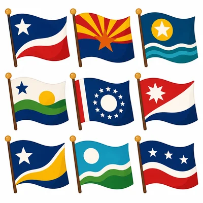 Several colorful flags with simple shapes and patterns.