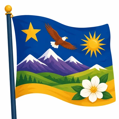 A flag with simple symbols such as a star, sun, bird, mountain, and flower.
