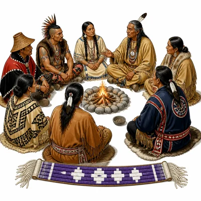 Representatives seated in a council circle for peaceful decision-making.
