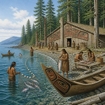 Ocean-side Northwest Coast community with salmon, cedar trees, canoe, and plank house.