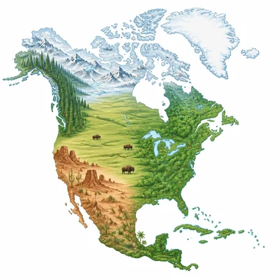 Unlabeled map of North America showing different cultural regions with landscape icons.