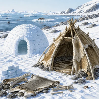 Arctic shelters made from snow blocks and animal skins in a snowy landscape.