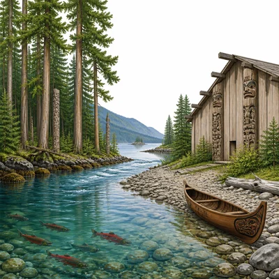 Northwest Coast forest, river, ocean, salmon, canoe, and plank house.