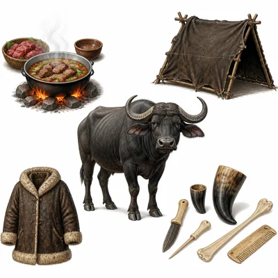 Buffalo with examples of food, clothing, tools, and shelter materials made from it.