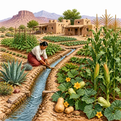 Southwest farm fields in a dry desert area with irrigation channels.