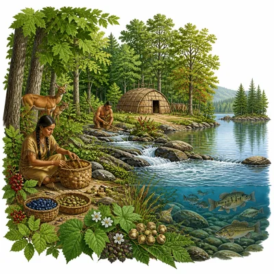 Eastern Woodlands forest with river, lake, wildlife, plants, and a bark-covered home.