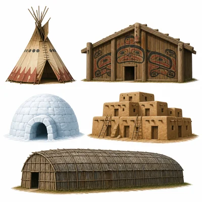 Several different Native American home types shown together.