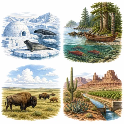 Four regional resource scenes: Arctic, Northwest Coast, Plains, and Southwest.