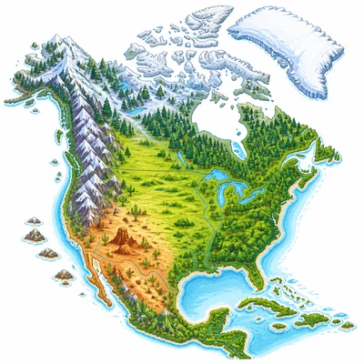 Unlabeled North America map showing different environments such as snow, forests, plains, desert, mountains, and coasts.