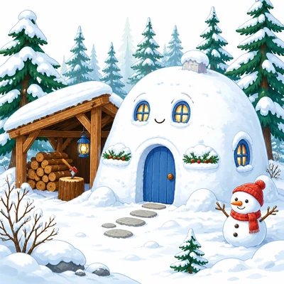 Snow house in a snowy place beside a wooden shelter in a forest.