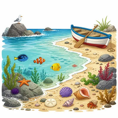Ocean shore with fish, shells, seaweed, and a small boat.