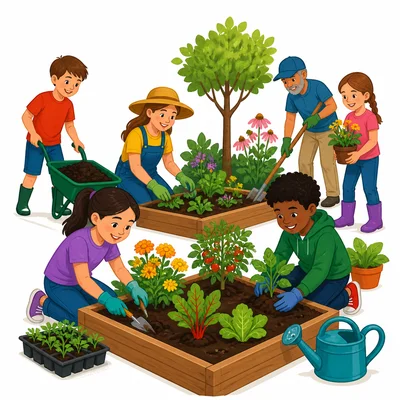 People working together in a neighborhood garden.