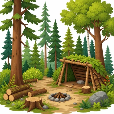 Forest with tall trees, logs, and a simple wooden shelter.