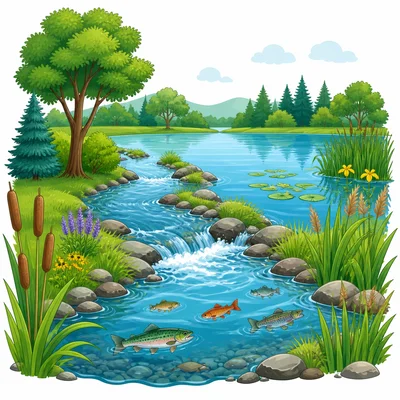 River and lake with fish in the water and reeds along the shore.