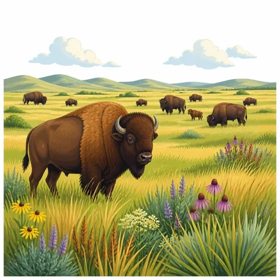 Wide open grassland with prairie grass and bison in the distance.