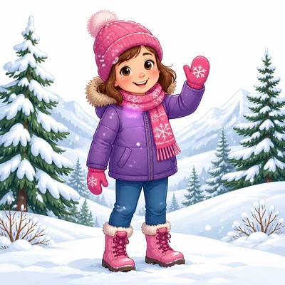 Child wearing warm winter clothing in a snowy landscape.