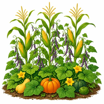 Garden with corn, beans, and squash growing together.