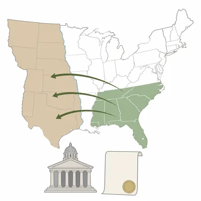 Map showing movement from the southeastern United States toward western territory.