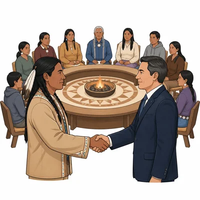 Tribal council and equal handshake representing Native American sovereignty.