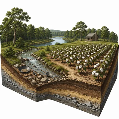 Fertile land with cotton fields, a stream, and resource symbols.