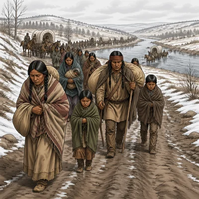 Native American families walking on a difficult forced removal journey.
