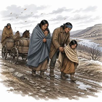 People facing cold, fatigue, and difficult terrain during forced removal.