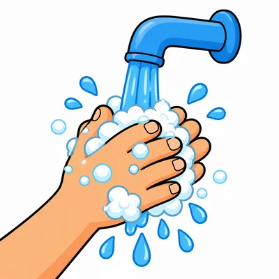 Hands washing with soap and clean water.