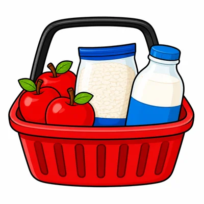 A grocery basket with apples, rice, and milk.