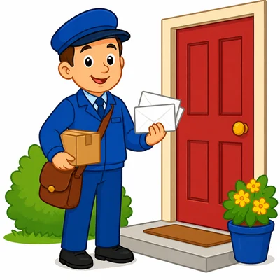 A mail carrier delivering envelopes and a package.