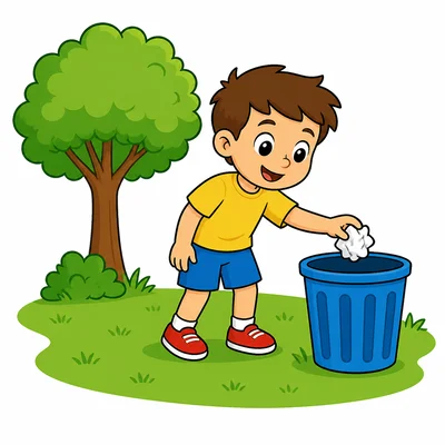 A child putting trash into a trash can at a park.