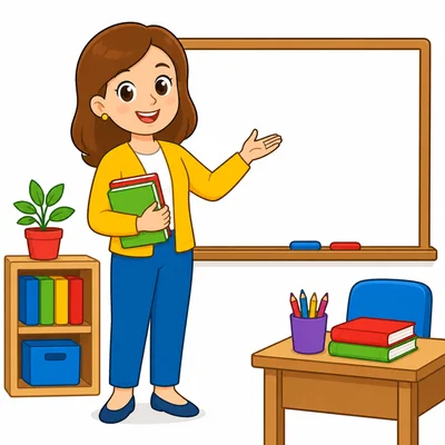 A friendly teacher in a classroom.