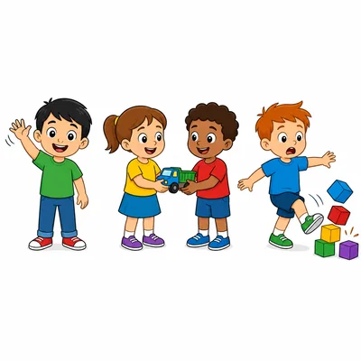Three scenes: a child waving, children sharing a toy, and a child knocking over blocks.