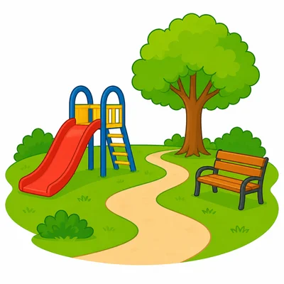 A simple neighborhood park with a slide, tree, bench, and path.