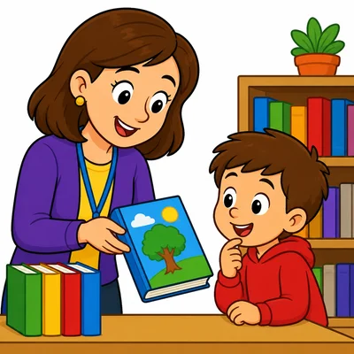A librarian helping a child choose a book.