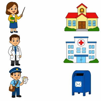 Community helpers and places to match: teacher, doctor, mail carrier, school, hospital, and mailbox.