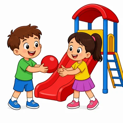 Two children happily sharing a toy on a playground.