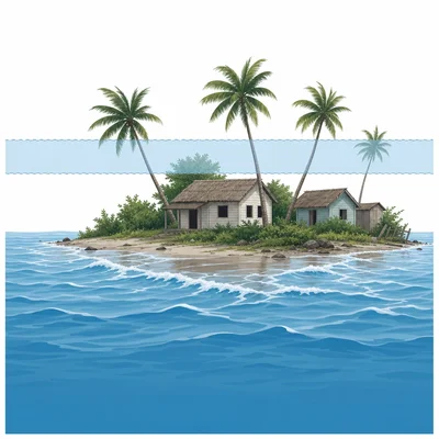 Low-lying island with ocean water rising close to homes and trees.
