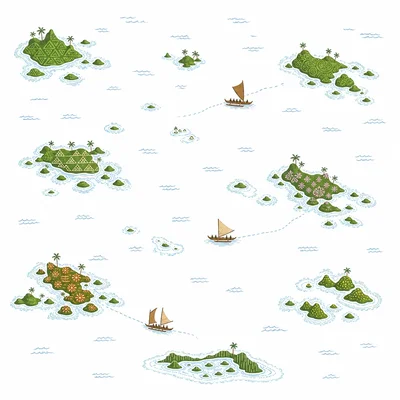 Scattered Pacific islands separated by ocean, with varied colors suggesting cultural diversity.