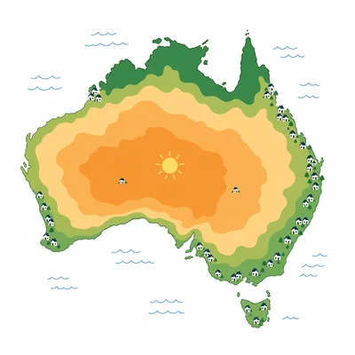 Australia shown with a dry interior, greener coasts, and settlements clustered near the coastline.