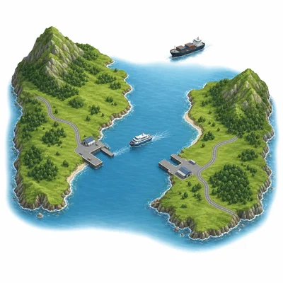 Two islands connected by ferry and shipping routes, showing how island geography affects transport and trade.